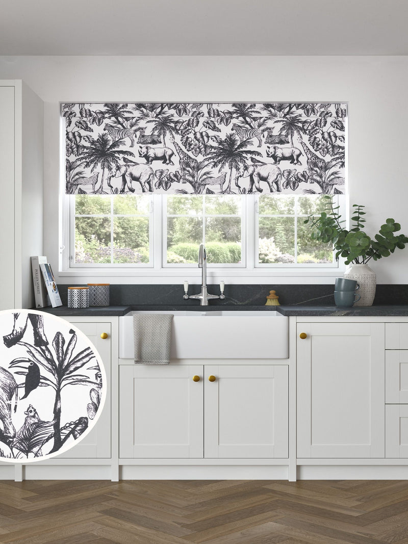 Black and white safari animal roller blind made to measure (British brand)