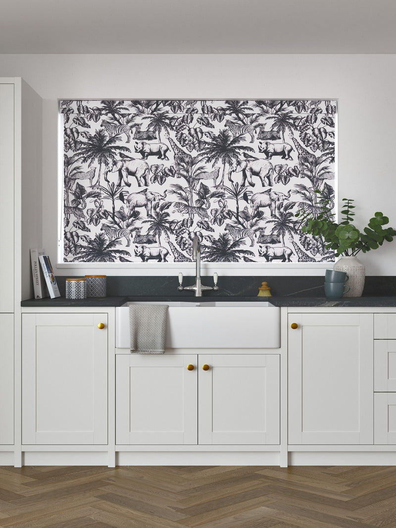 Black and white safari animal roller blind made to measure (British brand)