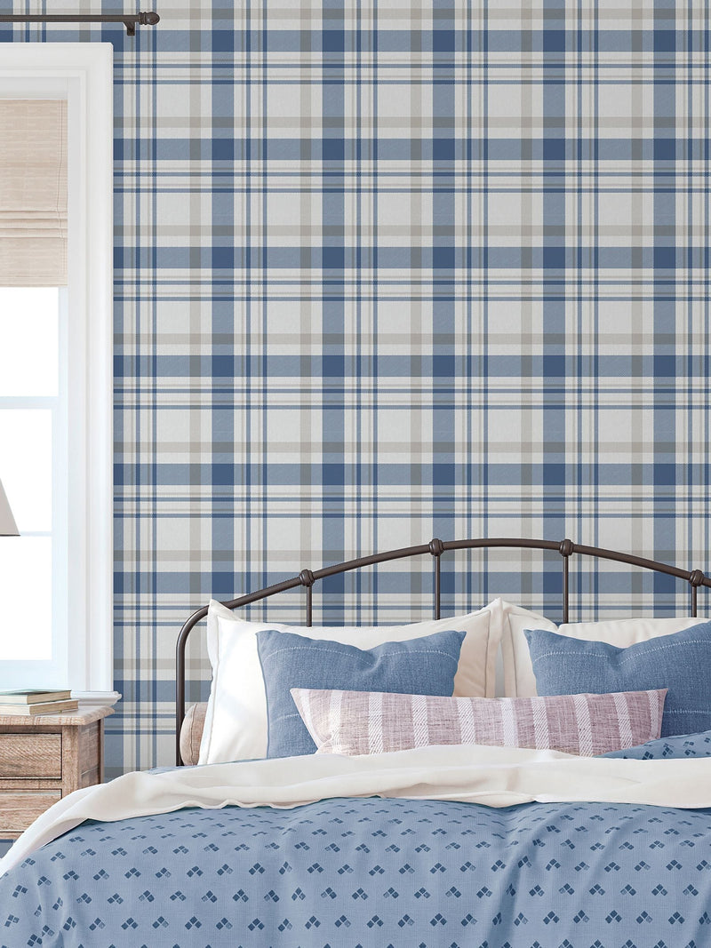 Galerie blue spring blossom plaid wallpaper sample A4, UK version