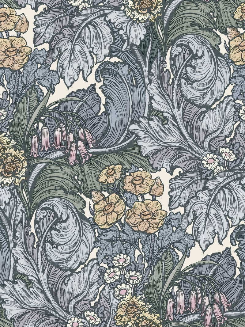 Laurence Llewelyn-Bowen blue Hedgerovia floral print wallpaper sample A4 (British brand)