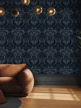 Next Laurence Llewelyn-Bowen Blue Damask Sauvage Flock A4 Wallpaper Sample- Buy online at McGrocer