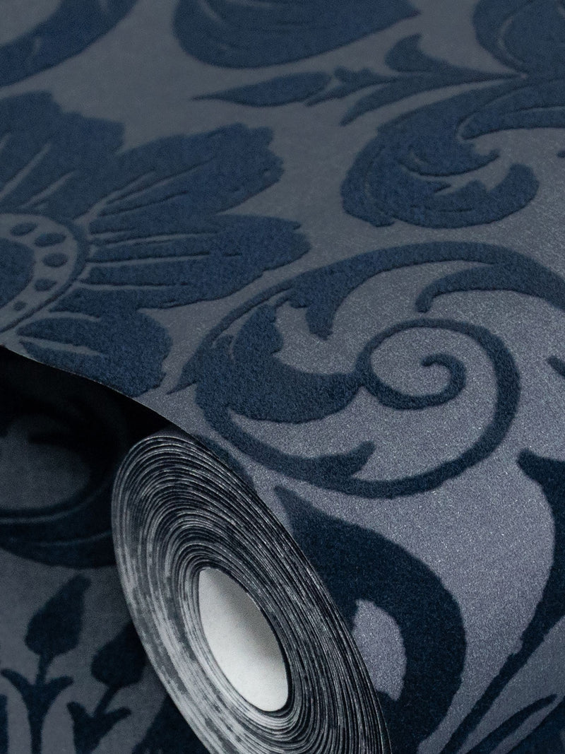 Laurence Llewelyn-Bowen blue Damask Sauvage flock wallpaper sample A4 (British brand)