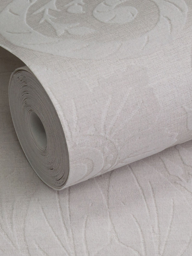 Laurence Llewelyn-Bowen Beige Damask Sauvage Flock wallpaper sample A4, imported from the UK