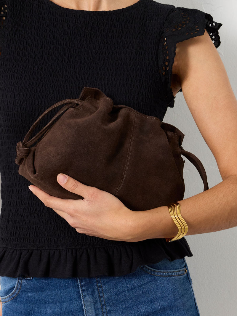 FatFace chocolate brown suede ruched crossbody bag (British brand)
