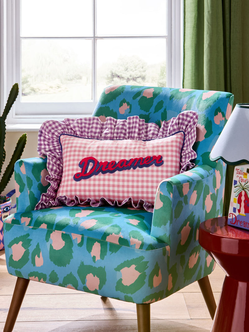 Eleanor Bowmer pink gingham ruffle cushion 30x50cm (British brand)