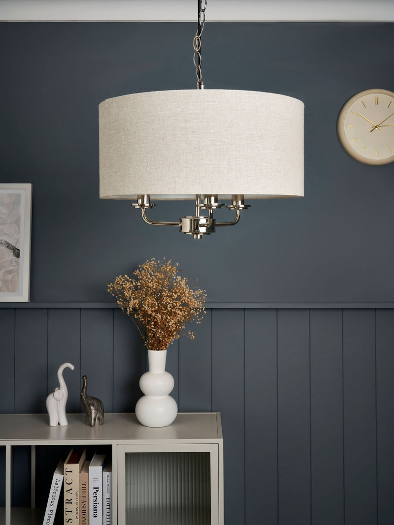 BHS Henry 3 polished nickel pendant light, imported from the UK