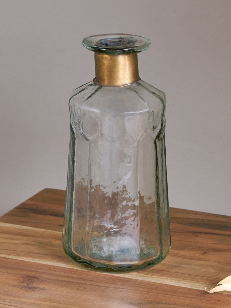 Nkuku Brass Chara Hammered Small Decorative Glass Bottle, imported from the UK