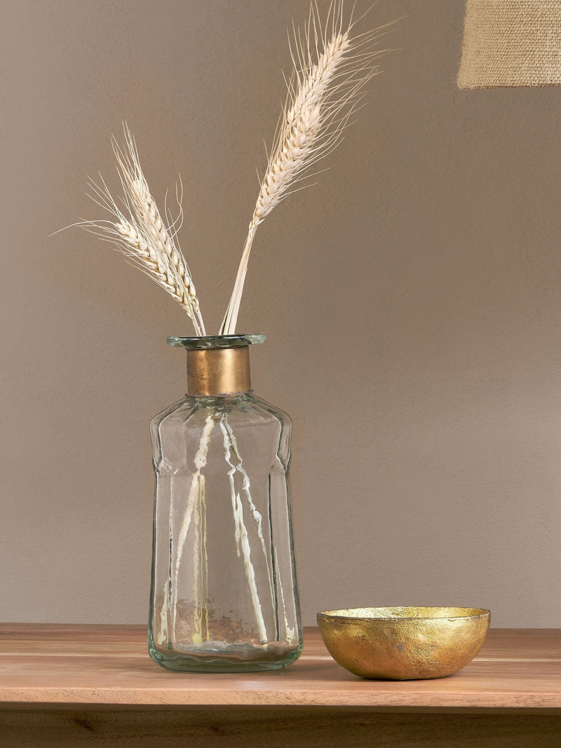 Nkuku Brass Chara Hammered Small Decorative Glass Bottle, imported from the UK