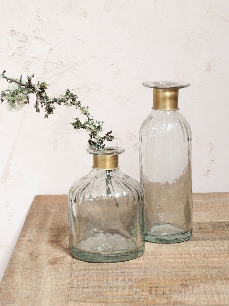 Nkuku Brass Chara Lines hammered glass bottle, imported from the UK