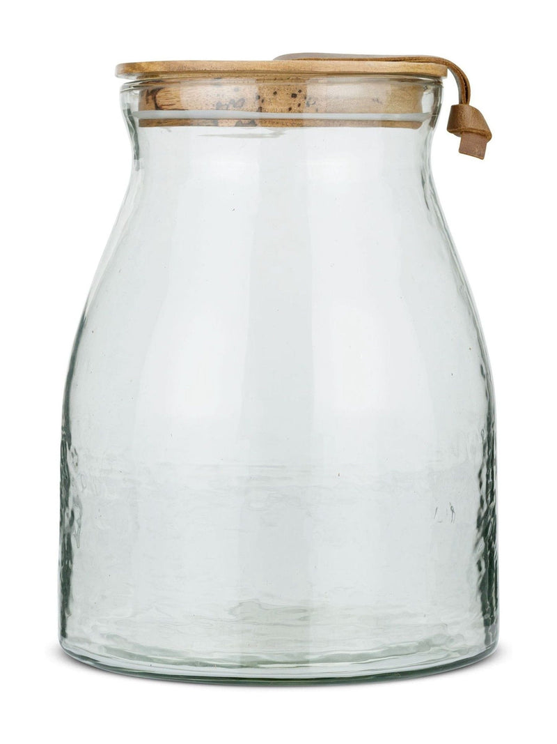 Nkuku Clear Shaan glass storage jar with wood lid, 25.5cm height, imported from the UK
