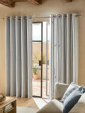 Blue woven stripe eyelet lined curtains, UK version
