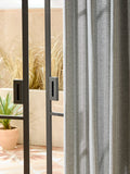 Blue woven stripe eyelet lined curtains, UK version