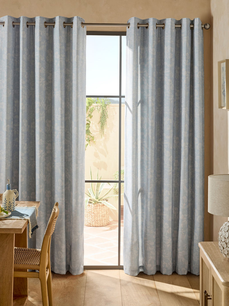 Blue toile print linen eyelet curtains - British product