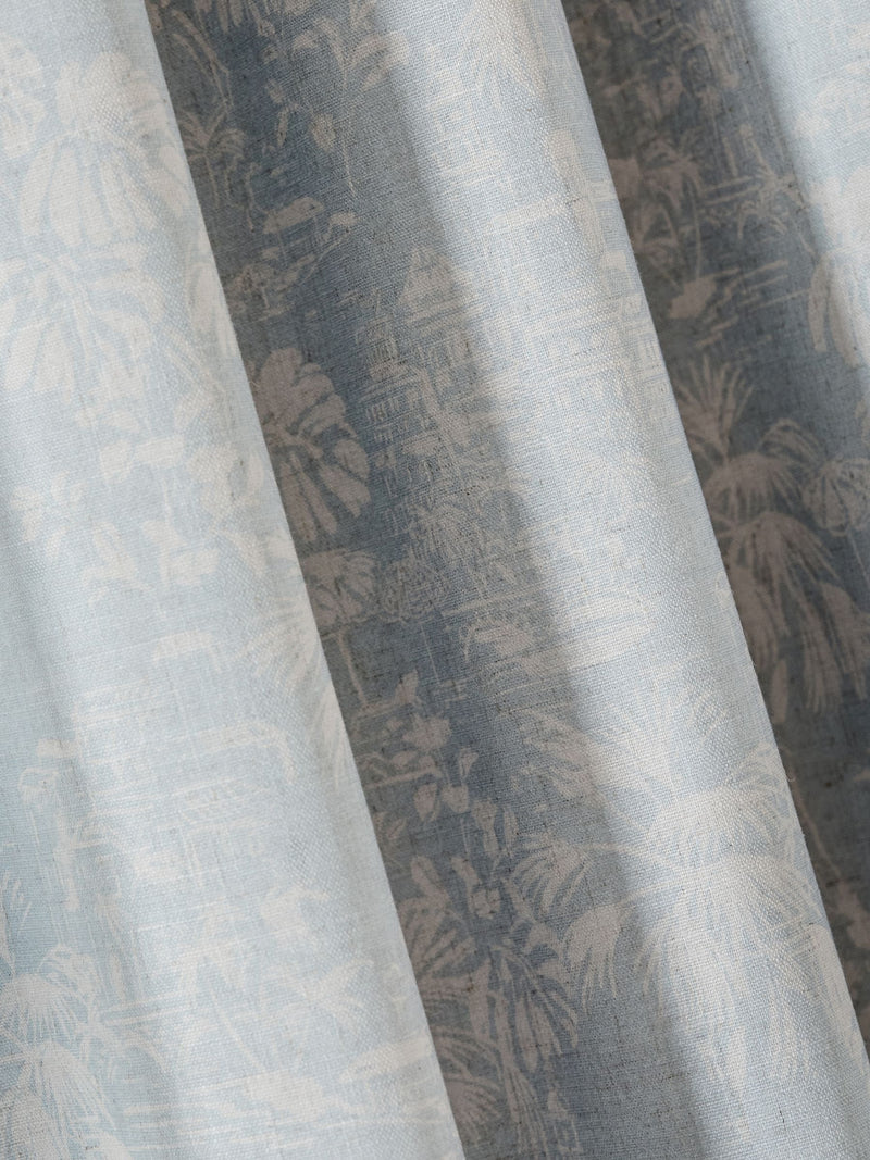 Blue toile print linen eyelet curtains - British product