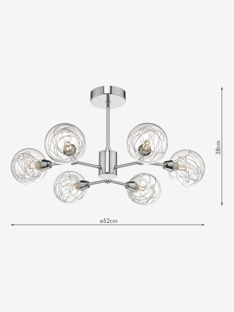 Dar Lighting Tyka semi flush ceiling light 6 light polished chrome glass, imported from the UK