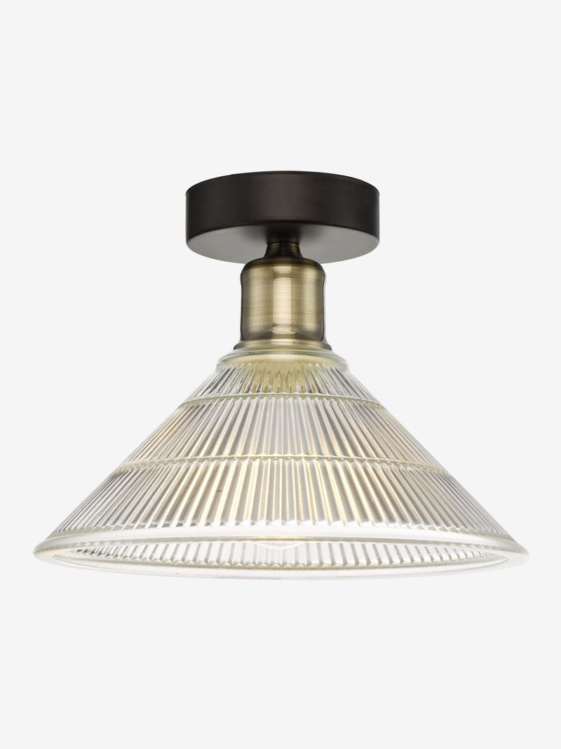 Dar Lighting Antique Brass Ribbed Glass Boyd Ceiling Light, imported from the UK