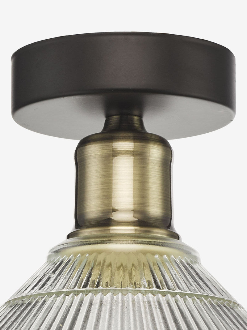 Dar Lighting Antique Brass Ribbed Glass Boyd Ceiling Light, imported from the UK