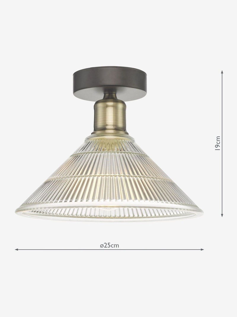 Dar Lighting Antique Brass Ribbed Glass Boyd Ceiling Light, imported from the UK