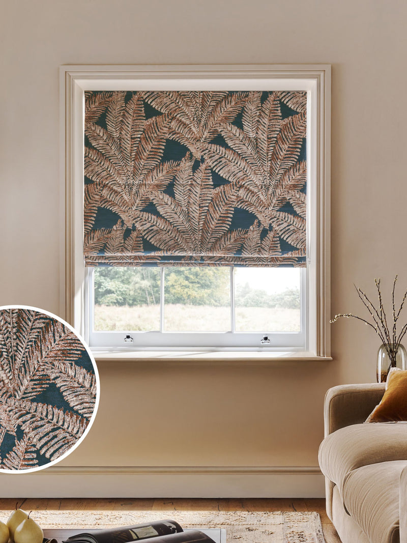 Teal leaf jacquard blackout roman blind, imported from the UK