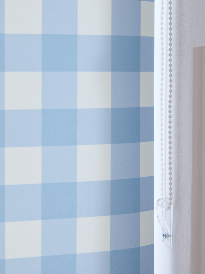 Blue gingham check roller blind (British brand)