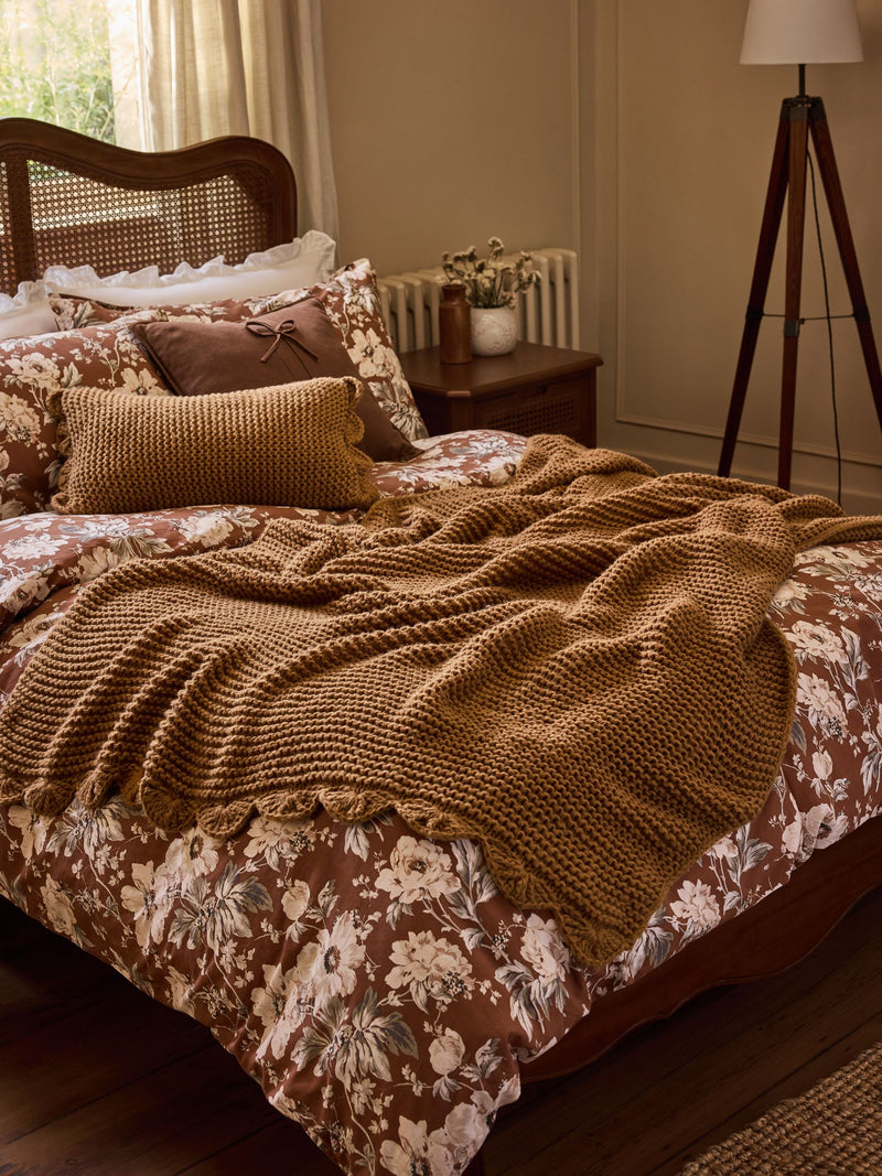 Laura Ashley caramel brown Hanwell knitted scallop throw 170x130cm, imported from the UK