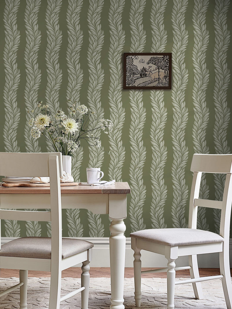 Laura Ashley Olive Green Caulderton Leaves wallpaper sample A4 (British brand)
