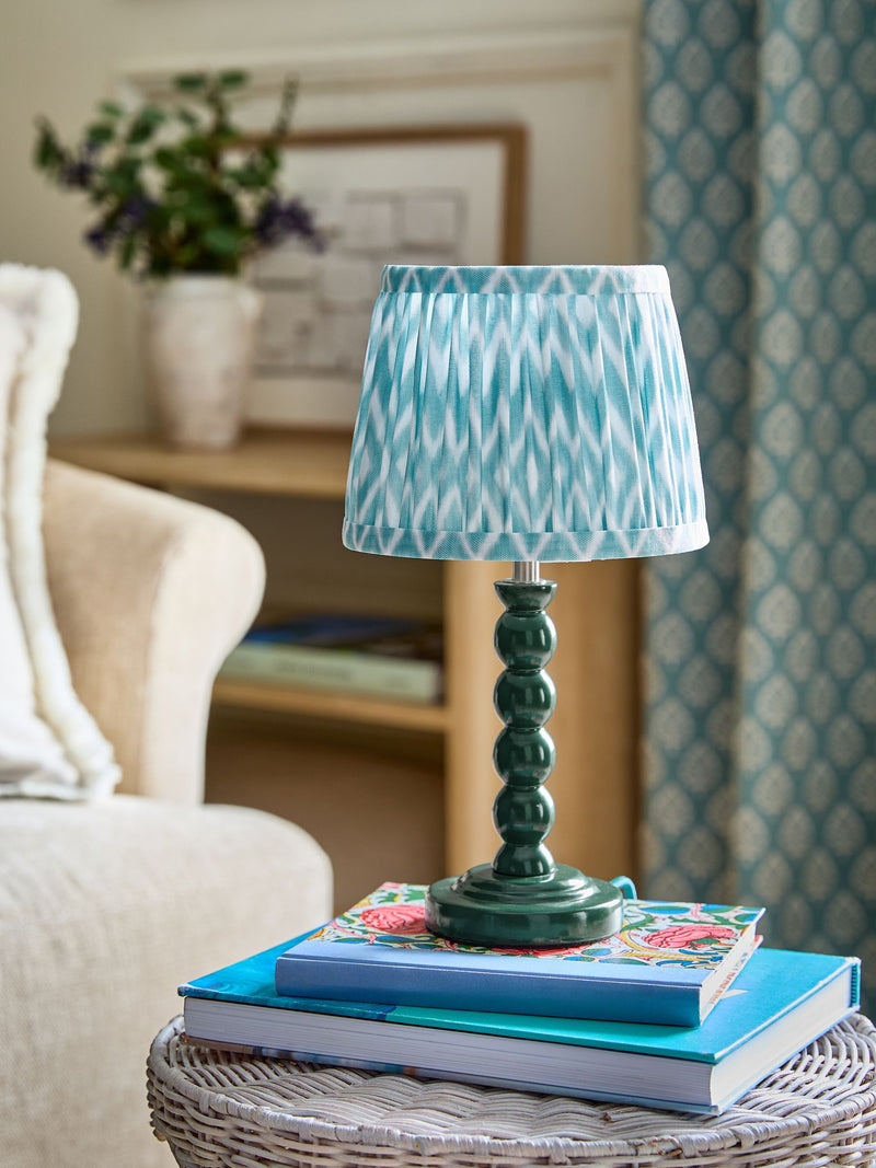 Green Mini Bobbin Table Lamp 31cm height with wooden base, UK version
