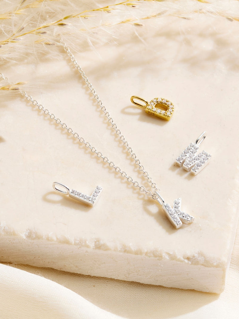 Posh Totty Designs silver tone CZ initial necklace, imported from the UK