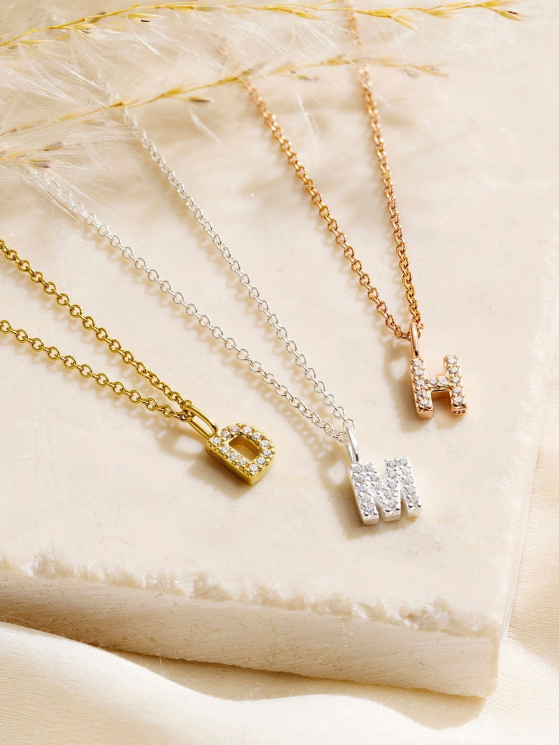 Posh Totty Designs gold tone CZ initial necklace, imported from the UK