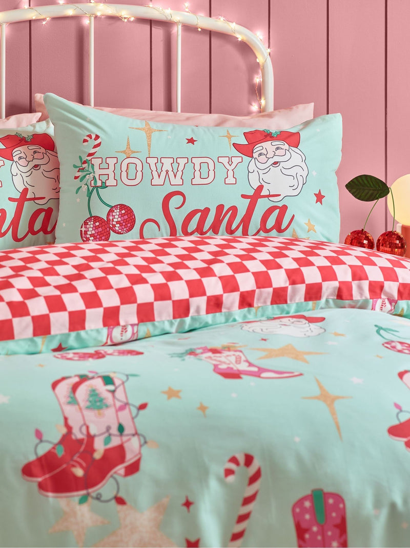 Catherine Lansfield Green Santas Howdy Christmas reversible duvet cover set - British product