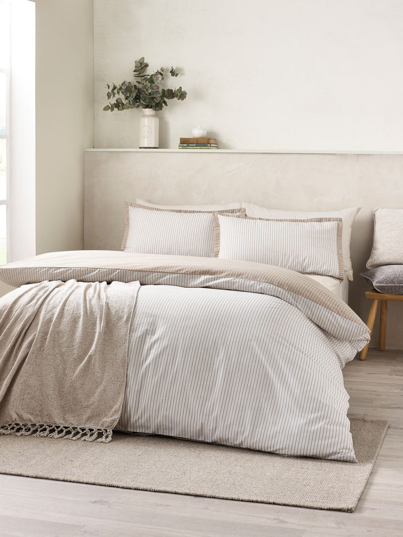 Catherine Lansfield natural Oxford pinstripe reversible duvet cover set - British product
