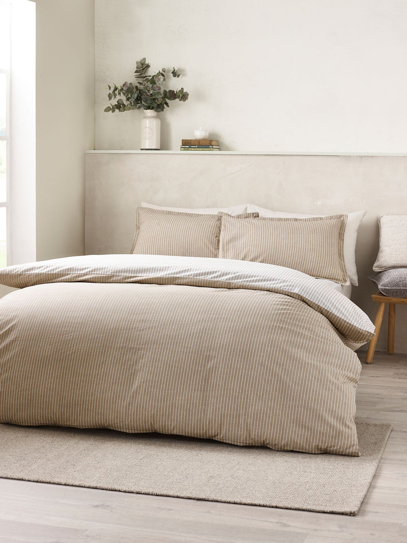 Catherine Lansfield natural Oxford pinstripe reversible duvet cover set - British product