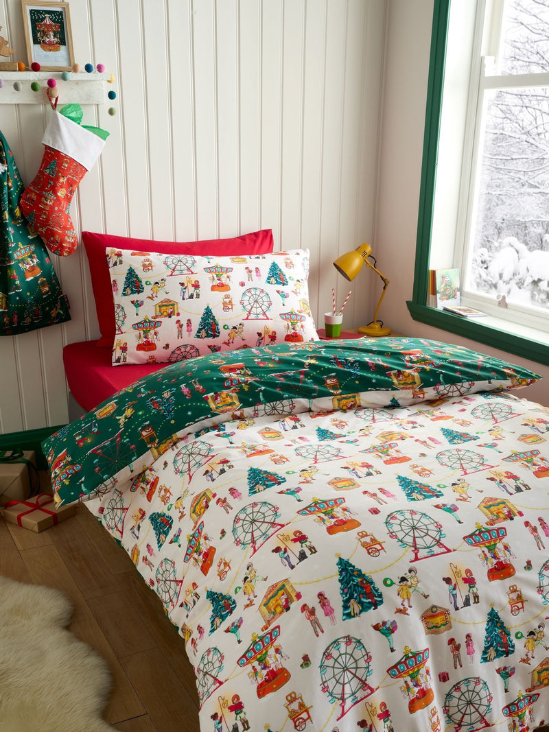 Belle & Boo Green Christmas Fairground cotton duvet cover set - British product