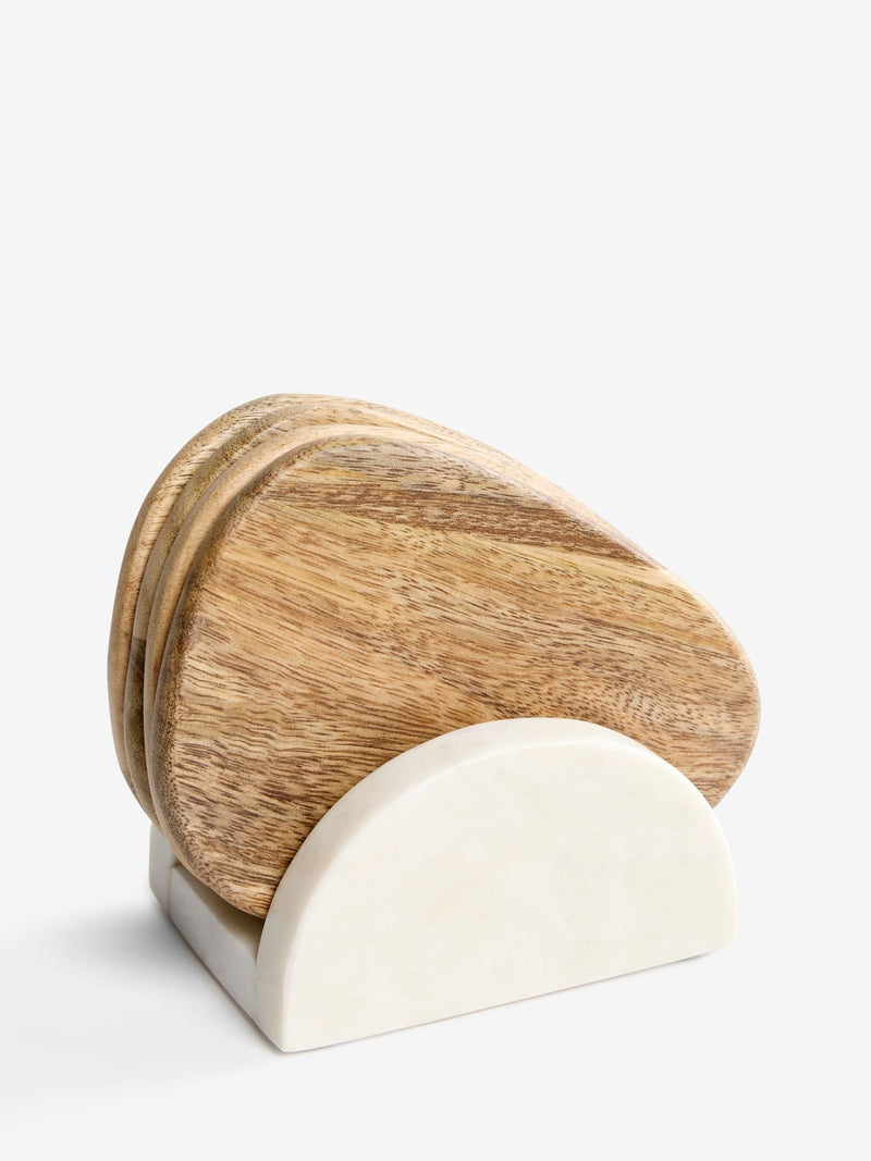 Set of 4 natural wooden Zaya coasters with marble holder (British brand)