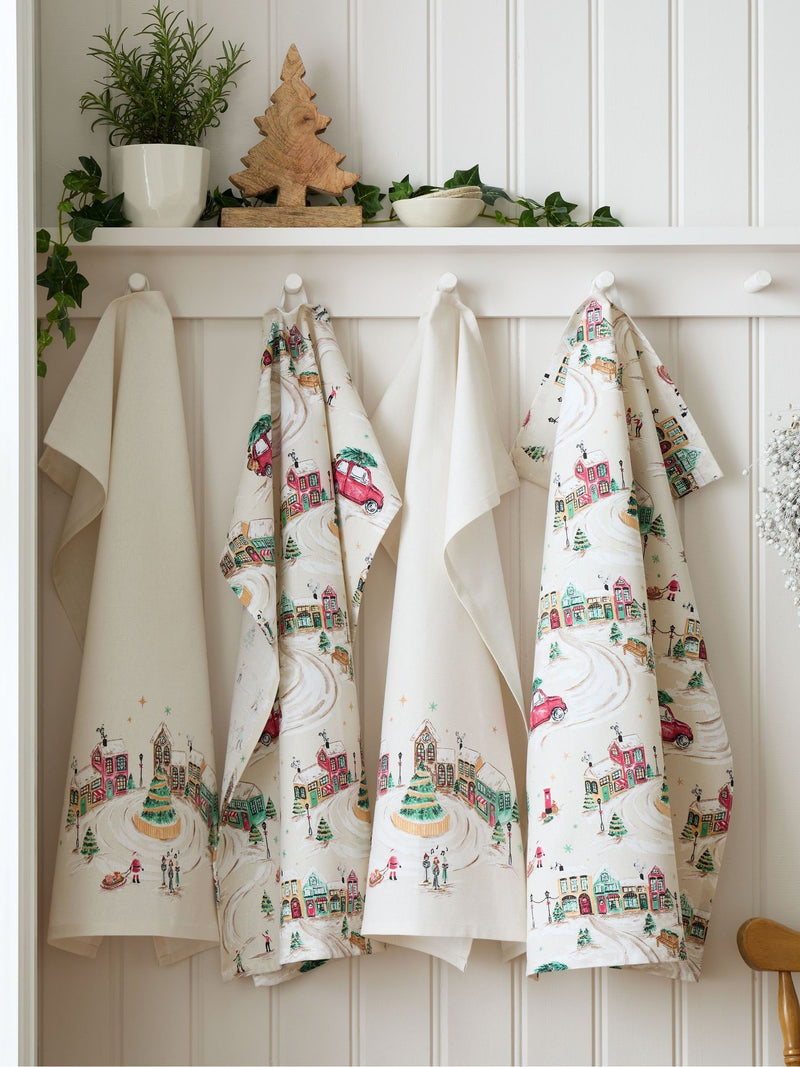 Catherine Lansfield Natural Christmas Town Cotton Kitchen Tea Towel