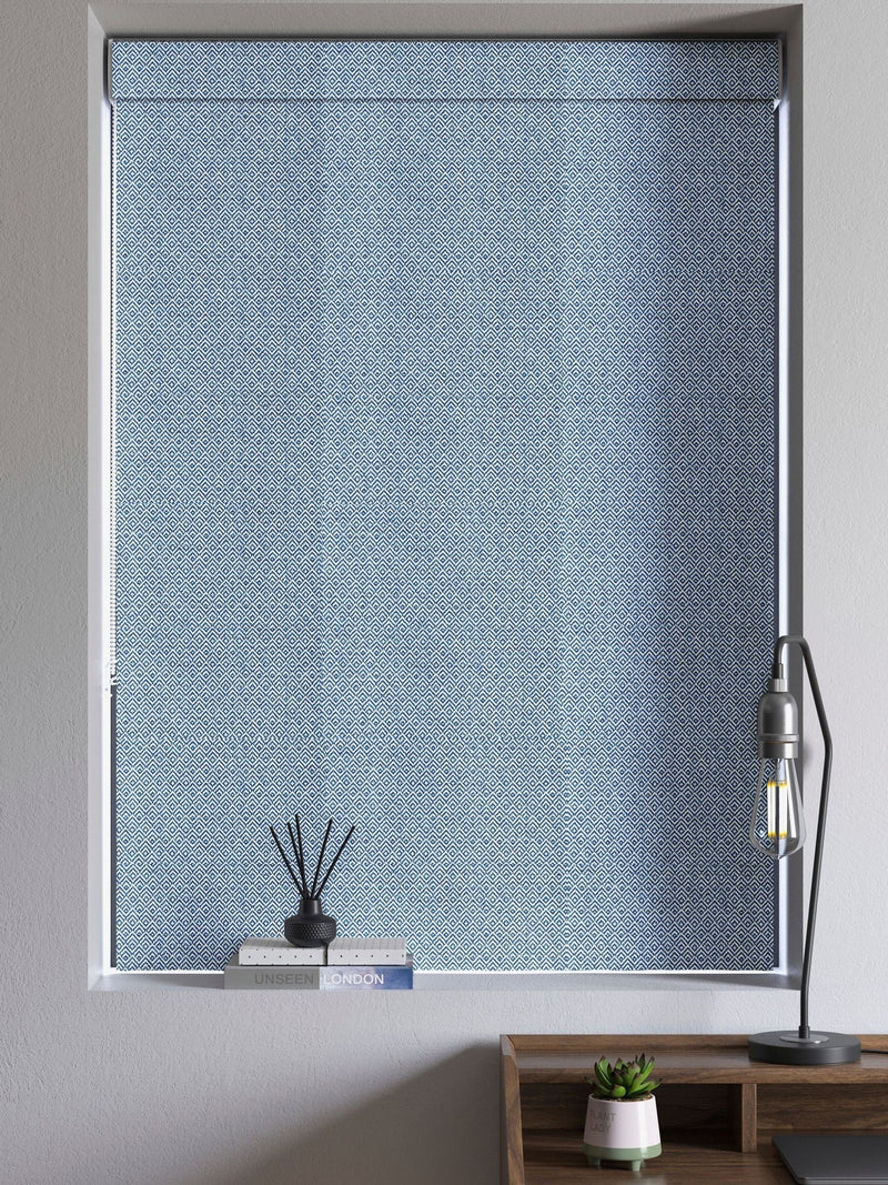 Blue Rhembo geometric jacquard roman blind, UK version