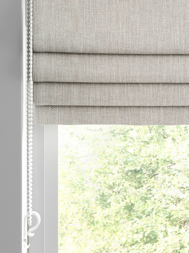 Grey knit roman blind herringbone pattern recycled polyester, imported from the UK