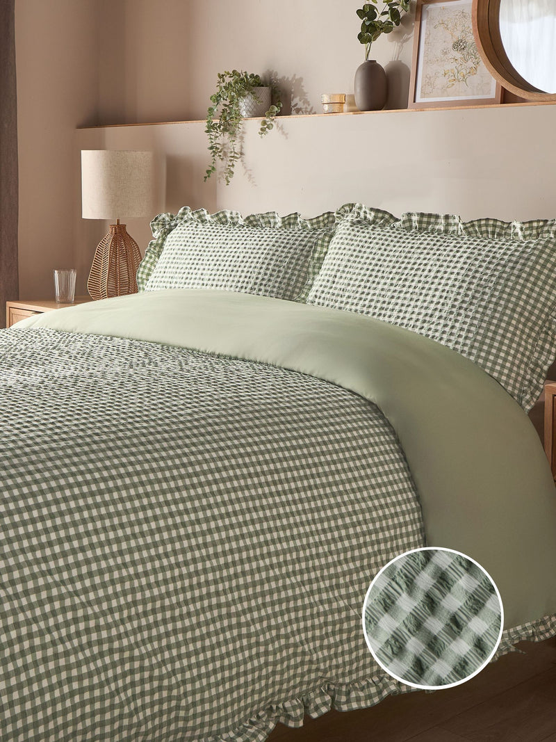 Silentnight Sage Gingham Frill Duvet Cover Set (British brand)