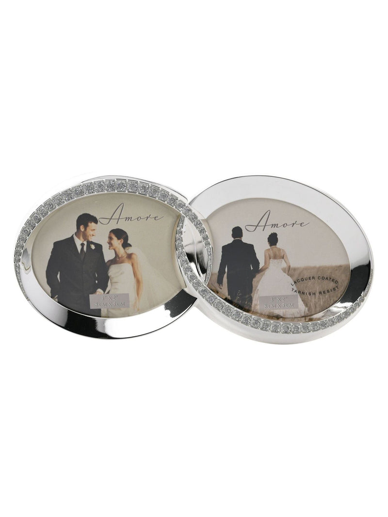 Amore silverplated crystal double rings photo frame for two photos - British product