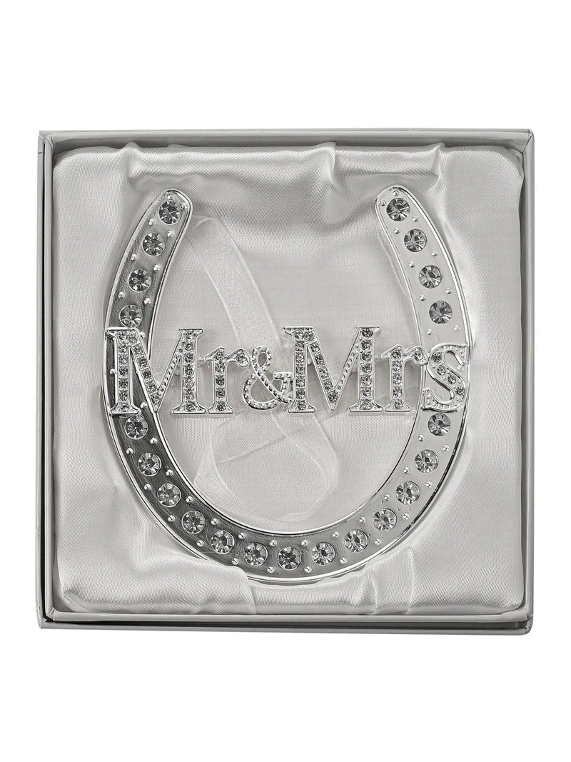 Widdop Silver wedding horseshoe with crystals and Mr Mrs motif (British brand)