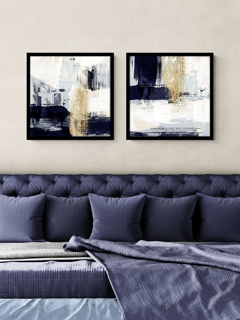 Artko set of two black waterfall blue abstract framed art - British product