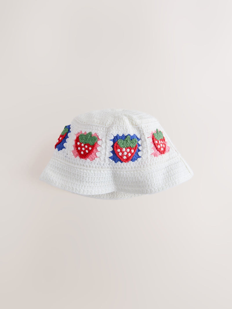Crochet knitted baby bucket hat with fruit embroidery, imported from the UK