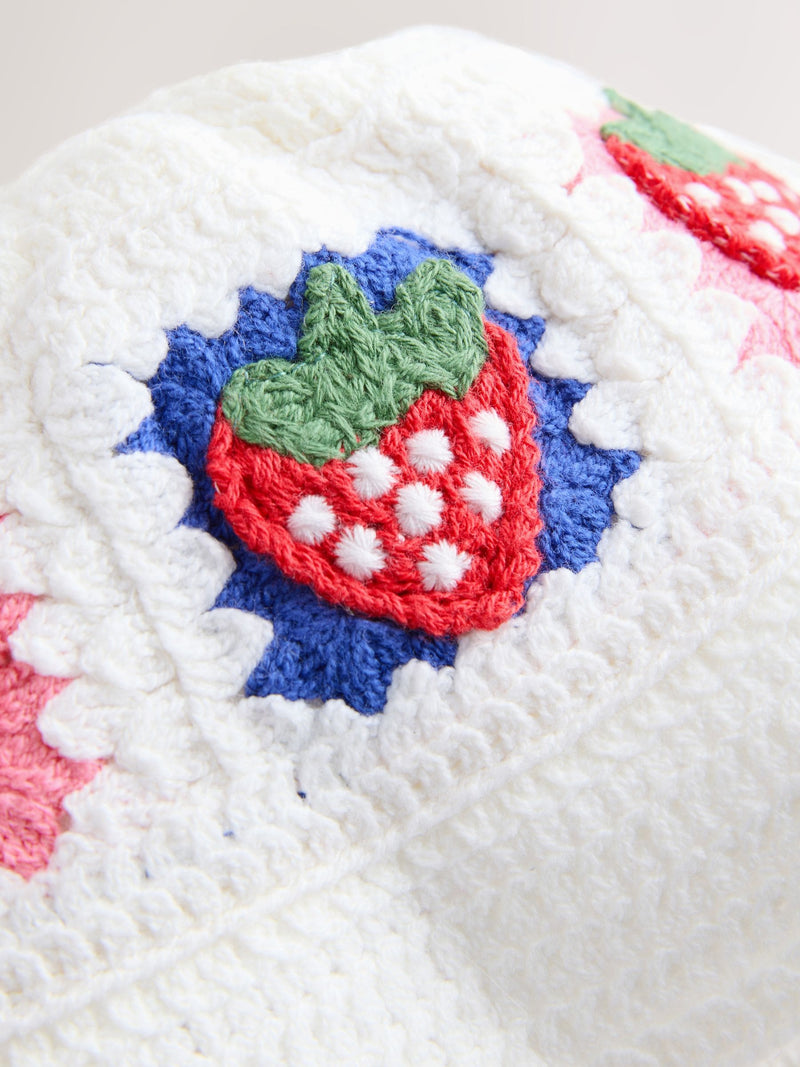 Crochet knitted baby bucket hat with fruit embroidery, imported from the UK