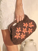 Next Love & Roses Chocolate Brown Floral Raffia Top Handle Clutch Bag- Buy online at McGrocer