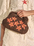 Love & Roses chocolate brown floral raffia top handle clutch bag - British product