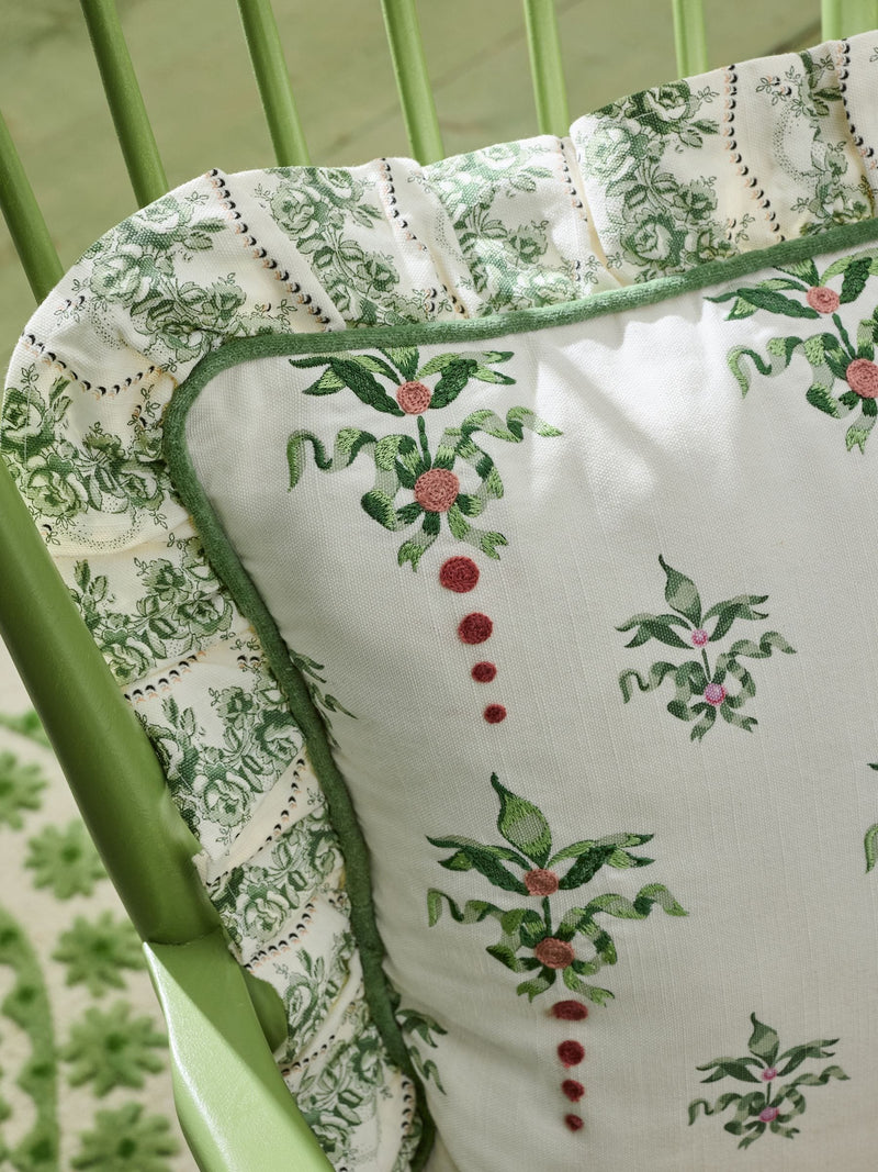 Cath Kidston green heraldry embroidered ruffle edge cushion 45cm - British product