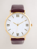 Burgundy red round case leather strap watch, UK version