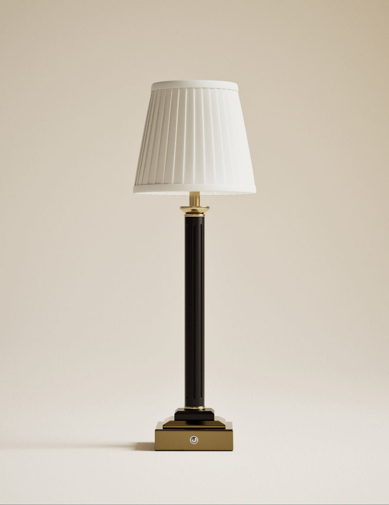 Column pillar rechargeable table lamp with pleated shade, UK version