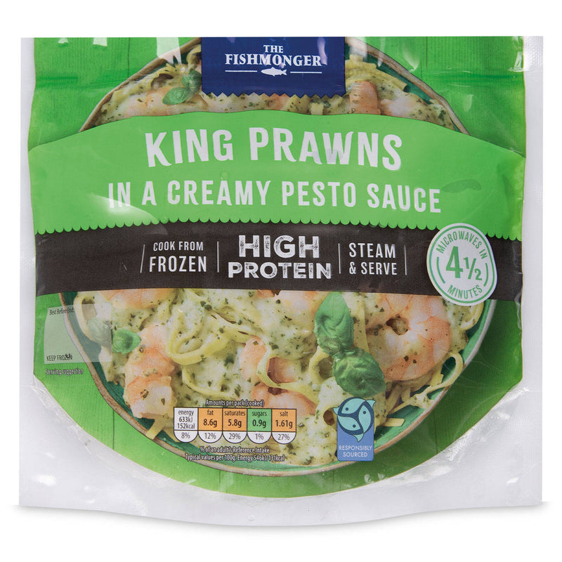 Raw peeled king prawns in creamy pesto sauce - British product
