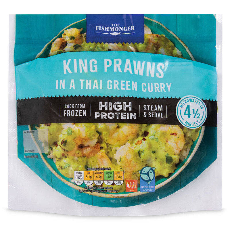 Raw peeled king prawns with Thai green curry sauce - British product